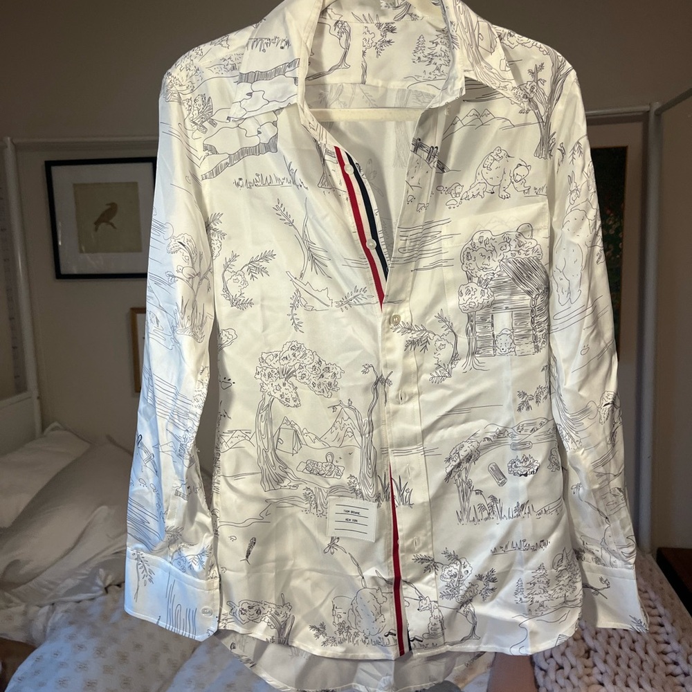 Thom Browne White Blouse w/ Black Line Art